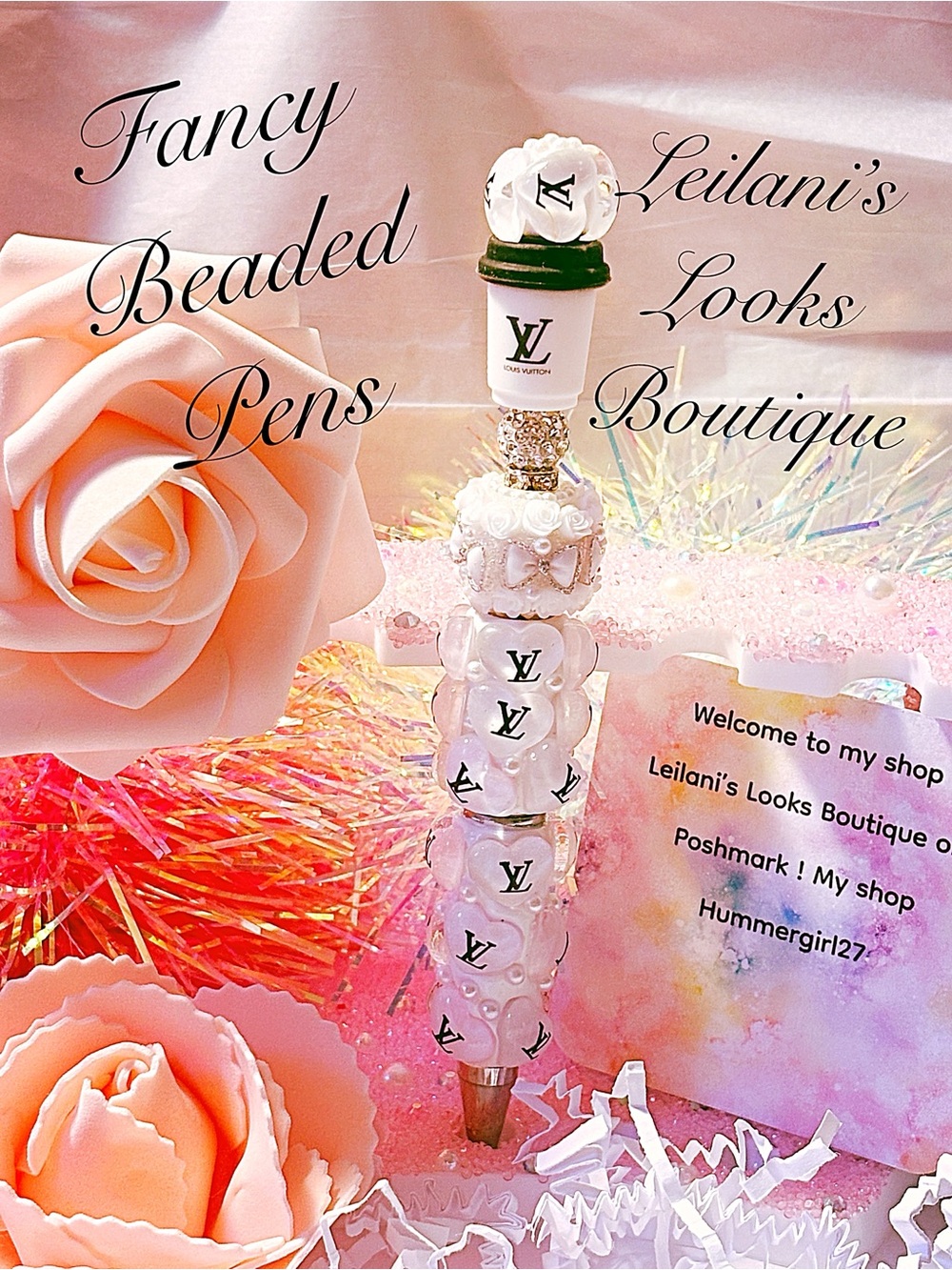 White Beaded fancy  Pen/fancy beaded pen/gifts/tea cup/